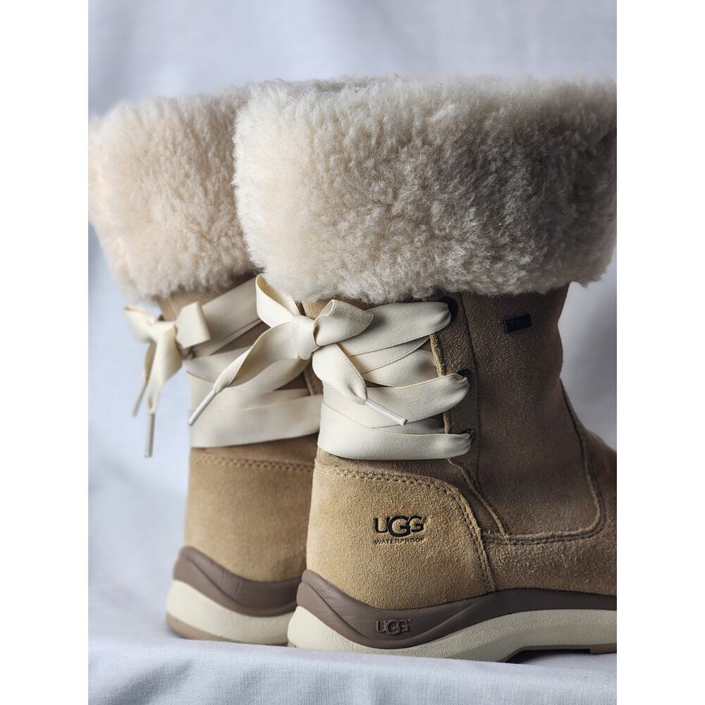 NEW UGG Ingalls Sand Beige Waterproof Leather Fur Bow Snow Boots Size 8.5 Womens - Picture 2 of 12